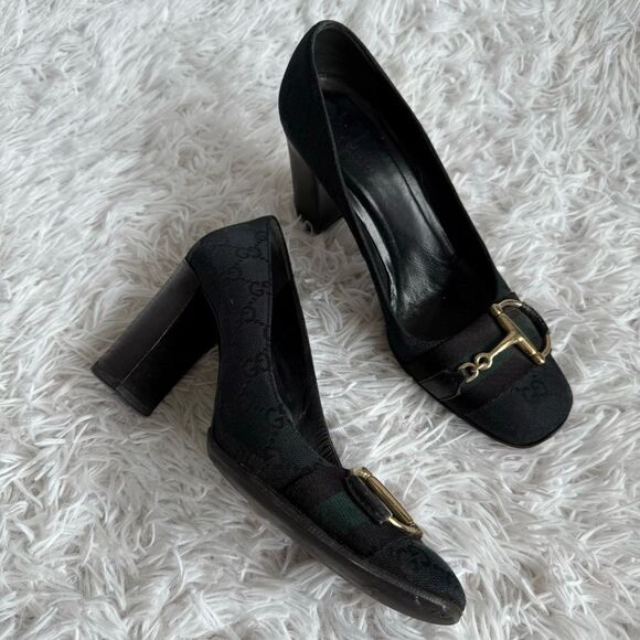 Vintage Y2K Gucci Black GG Web Block Heel Pumps with Gold Horsebit Size 8 - Picture 12 of 12